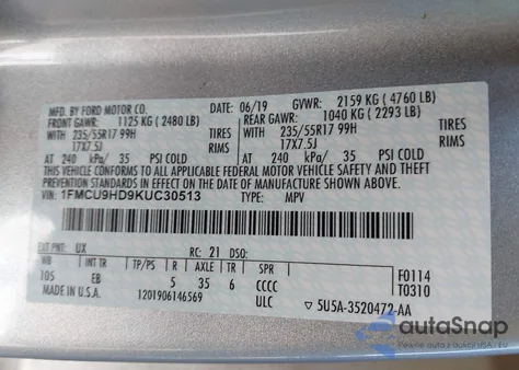 2019 Ford Escape Sel from USA, damaged, VIN 1FMCU9HD9KUC30513